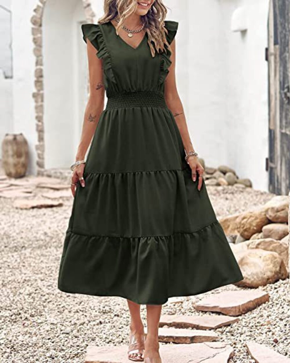 Women's Dark Green V-Neck Ruffle-Sleeve Tiered Maxi Dress - Picture 3 of 5